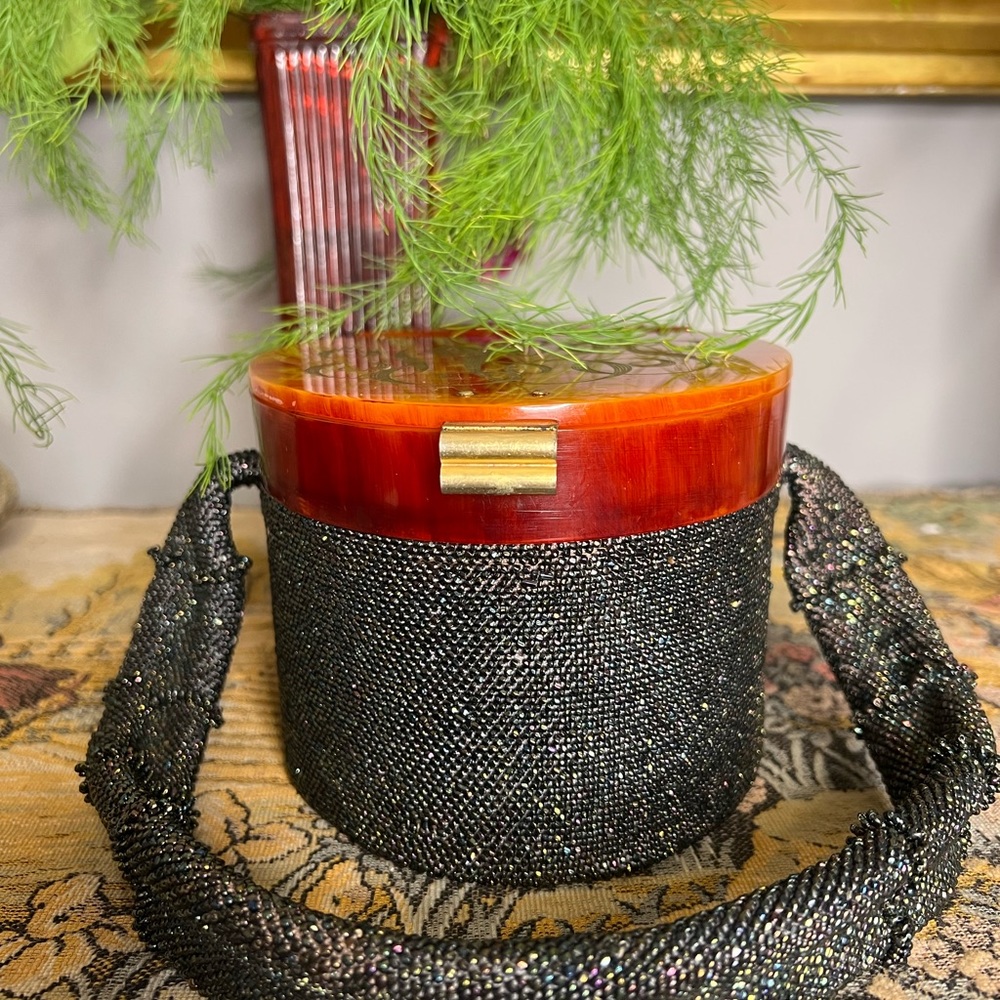 Vintage Beaded and Lucite Purse Bucket Satchel Style 1920s 1930s 1940,s